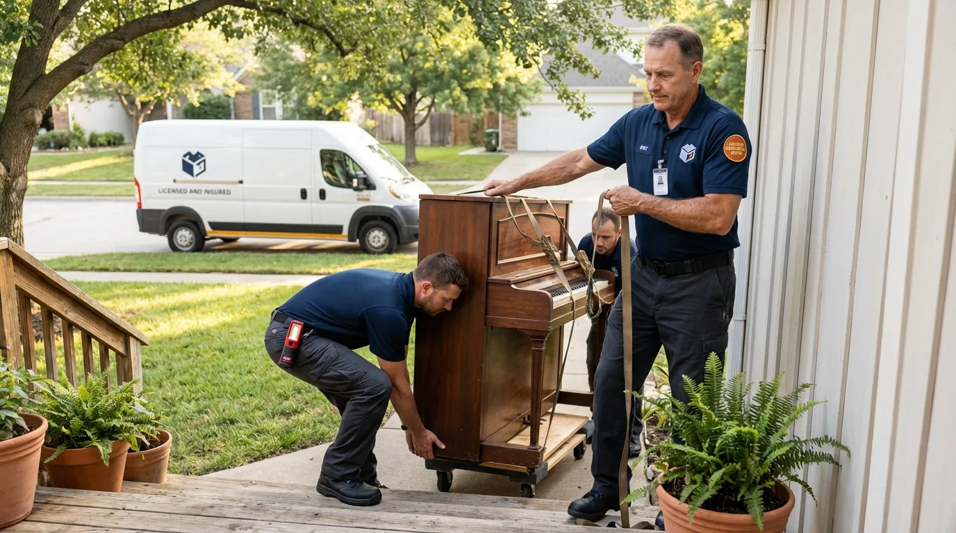 Licensed piano movers securing grand piano in Hopatcong, NJ