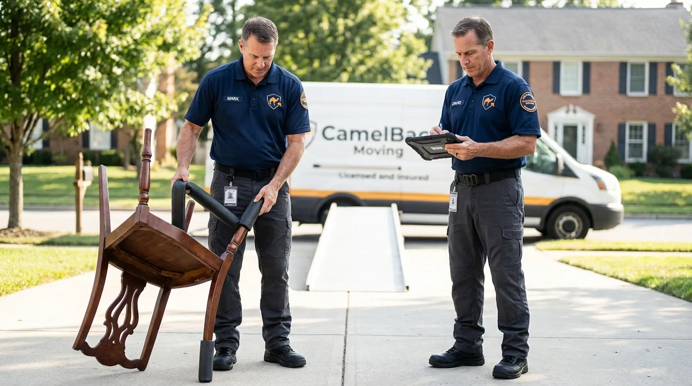 Movers inspecting furniture for damage prevention before loading in Hopatcong, NJ
