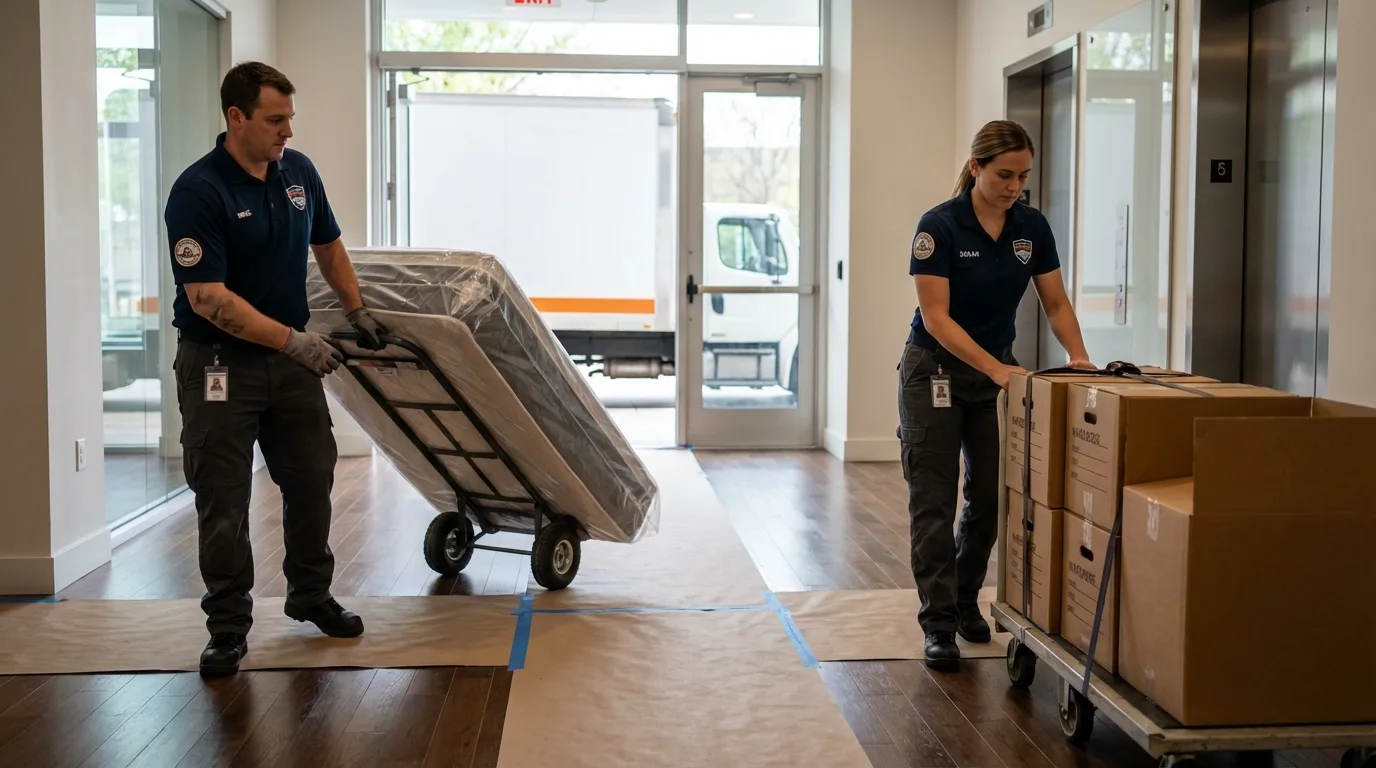 Professional apartment movers loading elevator in Hopatcong, NJ