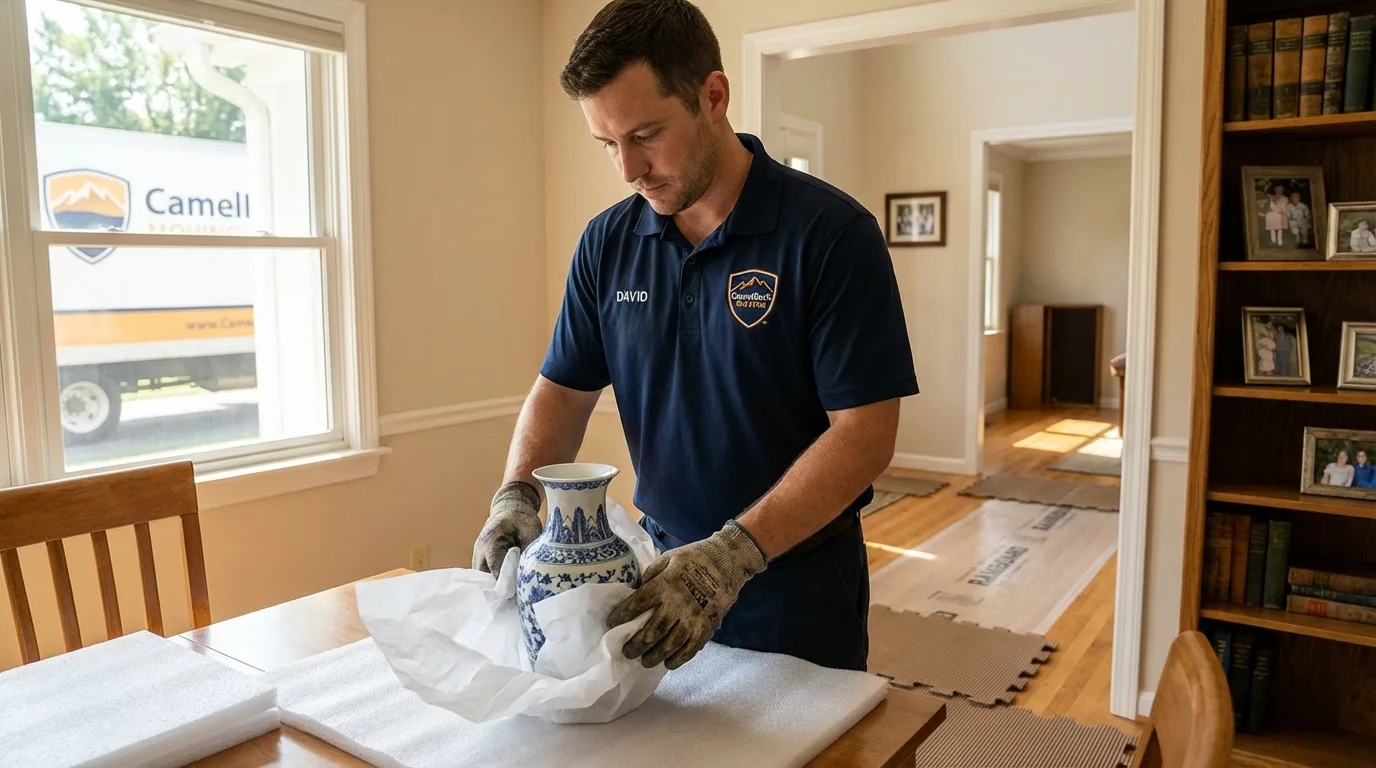 Professional crew carefully wrapping antique vase for senior downsizing move in Hopatcong, NJ